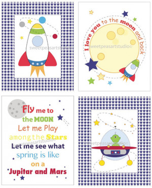 Rocket Ship Outer space Alien Mod Quotes for Kids Wall Bedding Decor
