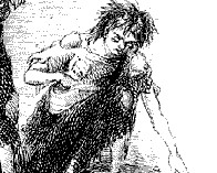 Black and white illustration showing a child digging for potatoes