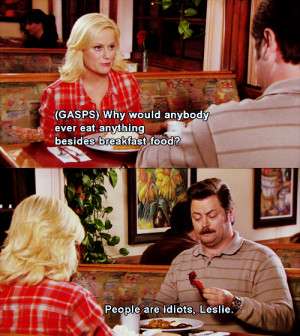 Parks and Recreation Leslie and Ron eat breakfast