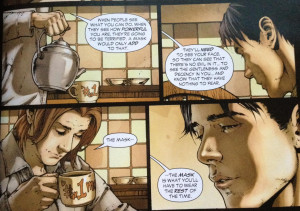 Martha Kent, giving Clark his cape in Superman Earth One Volume 1 .