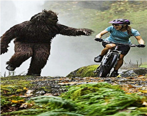 Bigfoot, or Sasquatch, chases a biker. Or is it a costume?