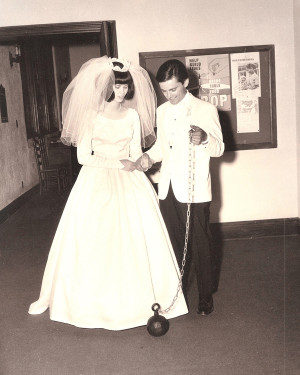 ... and Linda Price pictured with the old ball and chain wedding prank