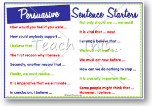 This set of Persuasive Sentence Starters is designed for upper primary ...
