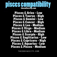 Pisces Compatibility: Aries-Low; Taurus-High; Gemini-Low; Cancer-High ...