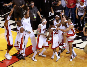 Dwyane Wade LeBron James #6 of the Miami Heat celebrates with ...