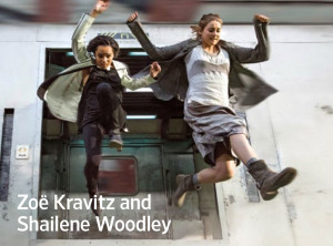 Tris (Shailene Woodley) and Christina (Zoe Kravitz) jump off a moving ...