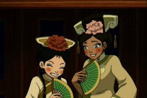 Toph and Katara in formal attire, just before the Party.