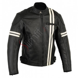 Men's Motorcycle Black Leather Jacket With White Stripes