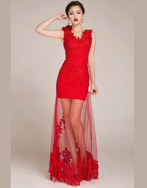 dress bridesmaid dres rm288 red color short dress with lace edge gauze