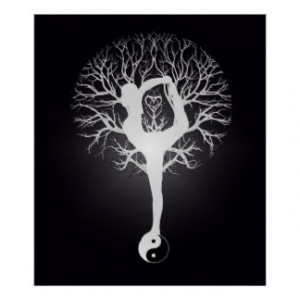 Black and white yoga tree with woman and yin yang. posters