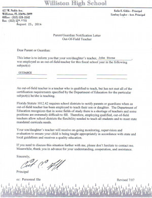 Out of Field Letter to Parents