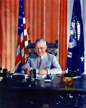 Title: Portrait of President Harry S. Truman at Desk, Grinning