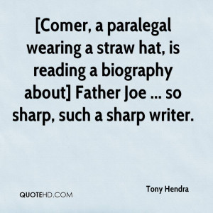 Comer, a paralegal wearing a straw hat, is reading a biography about ...