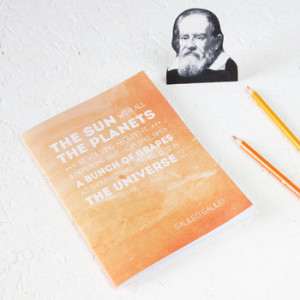 ... NEWTON AND THE APPLE > FAMOUS SCIENTIST GALILEO QUOTE ORANGE NOTEBOOK