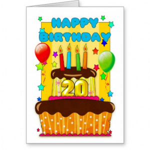 birthday cake with candles - happy 20th birthday greeting card