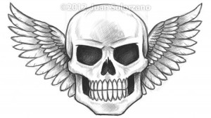 Drawings of skulls with wings
