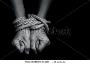 , abused, hostage, victim woman tied up with rope in emotional ...