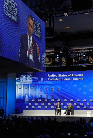 James McNerney US President Barack Obama R takes part in a panel