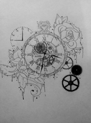 Tattoo Illustration, Pocket Watch, Time, Gears, Clock, Rose, Drawing ...