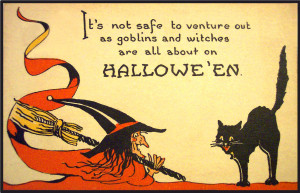 Halloween greeting post cards - cool, stylish - Witch with broom and a ...