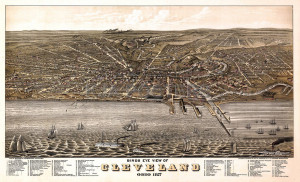 ... Map 1877 Ohio Cuyahoga County Birds eye view of Cleveland Ohio 1877
