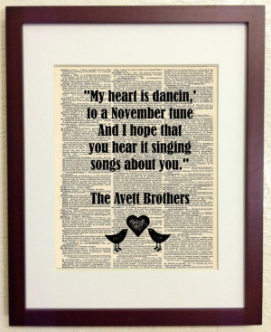Avett Brothers Quote -November Tune with Heart and Birds - Art Print ...