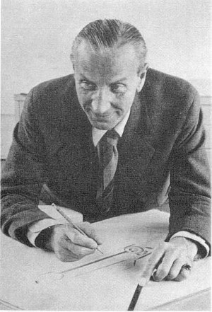 Sir Alec Issigonis at the drawing board.