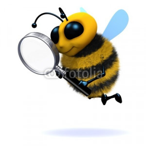 Illustration: 3d Bumble bee with magnifying glass