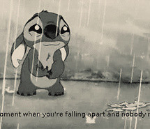 black and withe, cartoon, cute, lilo & stitch, sad, text