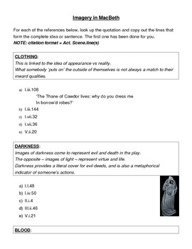 Imagery in Macbeth - worksheet and reference sheet