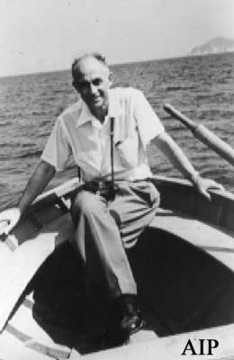 Enrico Fermi (1901-1954), on a boat, Isola d'Elba, 1954. Enrico Fermi ...