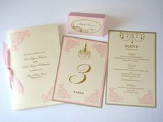 ... Table Number, Program and Place card Sample Set - Ivory, Gold and Pink