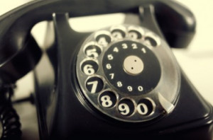 An old-fashioned rotary telephone.