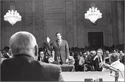 Jeb Stuart Magruder is sworn in by Senator Sam Ervin, D-N.C., chairman ...