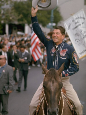 ... Candidate Ronald Reagan in Cowboy Attire Riding Horse Outside