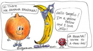of cartoon fruit orange banana raspberry with cute funny sayings