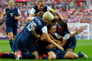 Carli Lloyd of the US celebrates a goal with her team-mates in their ...