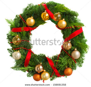 green christmas wreath with decorations isolated on white background ...