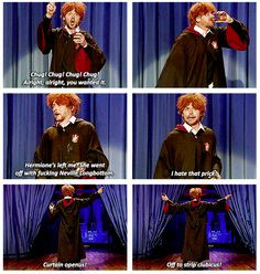 Simon Pegg as Drunk Ron Weasley celebrating Harry Potter's birthday