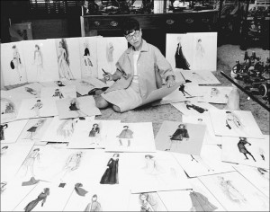 Edith Head with her numerous sketches sprawled out in her Paramount ...
