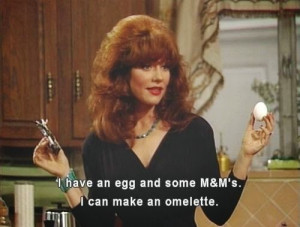 Peg Bundy cooking with an egg and some M&M's