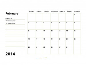 February 2014 Calendar With Holidays