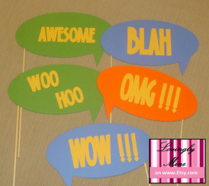Photobooth Props - Colorful Word Bubble Quotes & Bow Tie - Set of 11