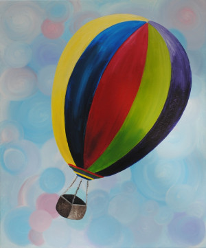 Brightly Painted Hot Air Balloon soaring through swirly clouds ...