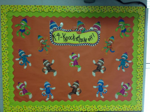 Sock Monkey bulletin board idea! K4 - Knock your socks off!