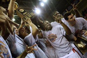 Bucknell players carry the Patriot League Championship trophy off the ...