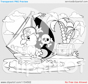 Cartoon-Of-An-Outlined-Pirate-Parrot-By-A-Treasure-Island-Royalty-Free