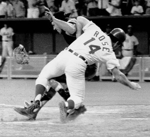 Pete Rose takes out Ray Fosse at home plate to score the winning run ...