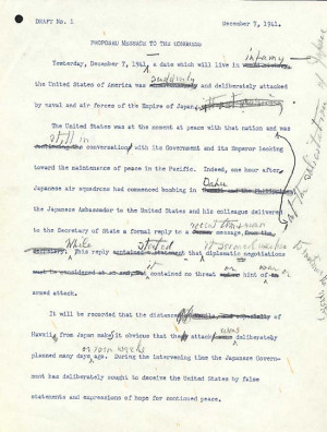 Part of the first draft of Roosevelt’s speech, with handwritten ...