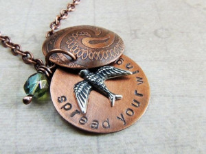 ... Locket Necklace, Stamped Quote Spread Your Wings, Paisley Design